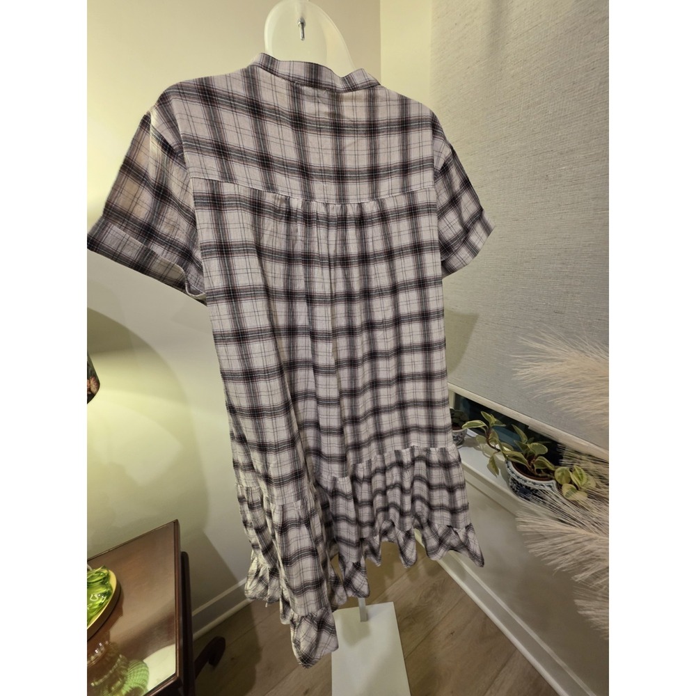 Crinkle Cotton Plaid Babydoll Midi Dress S Brown/White Boho Beachy NWOT - Picture 7 of 16